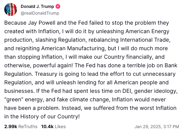 President Trump truth social post on federal reserve decision